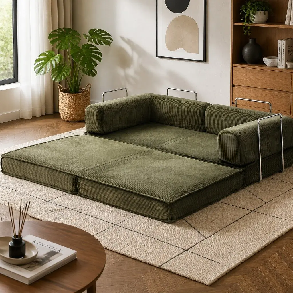 Convertible Sofa Bed Green 2-Seater Corduroy Steel Frame