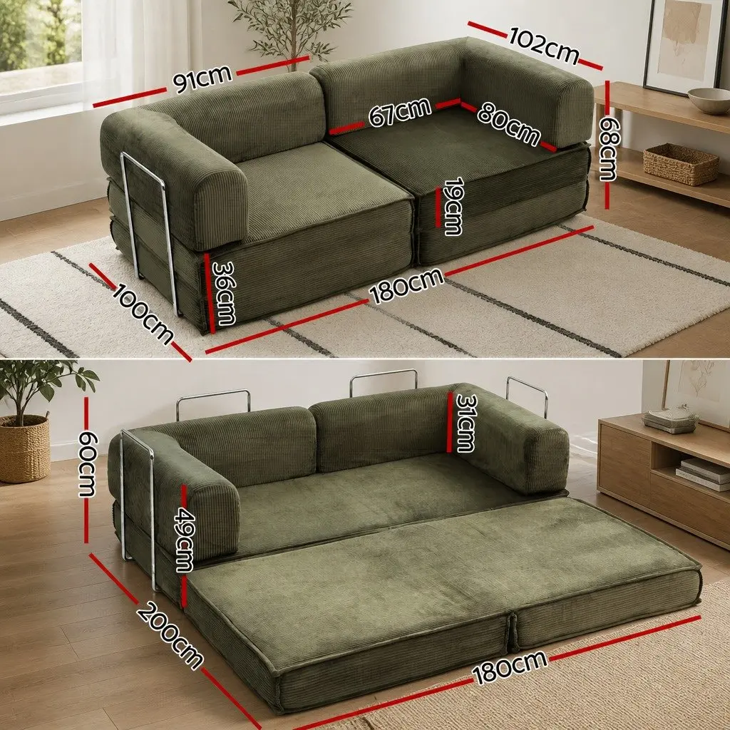 Convertible Sofa Bed Green 2-Seater Corduroy Steel Frame