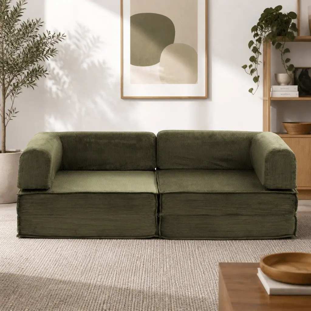 Convertible Sofa Bed Green 2-Seater Corduroy Steel Frame