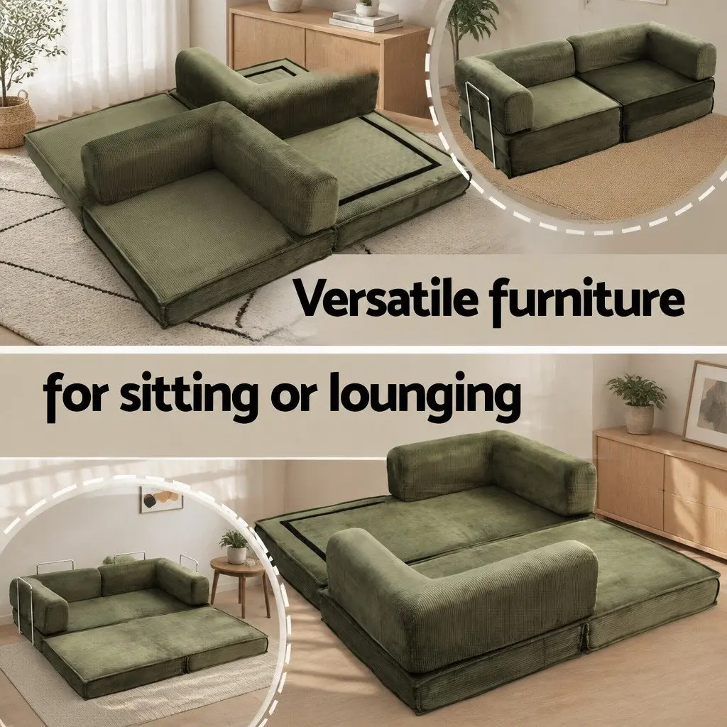 Convertible Sofa Bed Green 2-Seater Corduroy Steel Frame