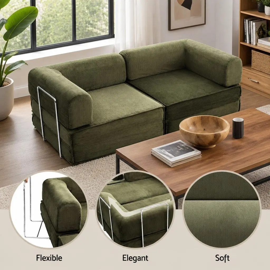 Convertible Sofa Bed Green 2-Seater Corduroy Steel Frame
