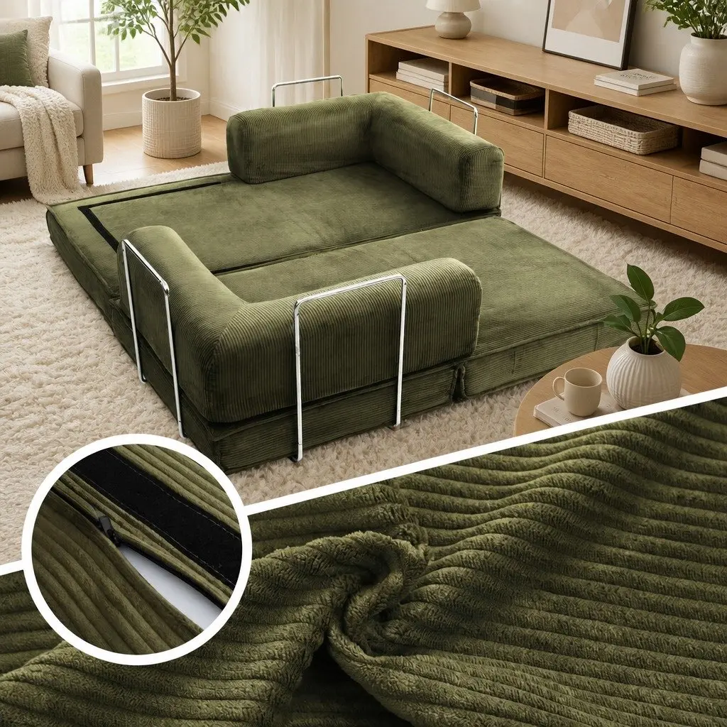 Convertible Sofa Bed Green 2-Seater Corduroy Steel Frame