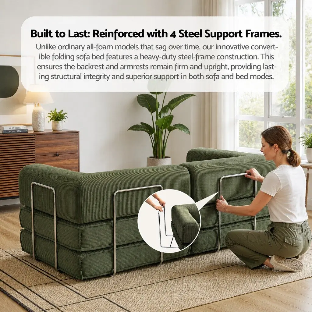 Convertible Sofa Bed Green 2-Seater Corduroy Steel Frame