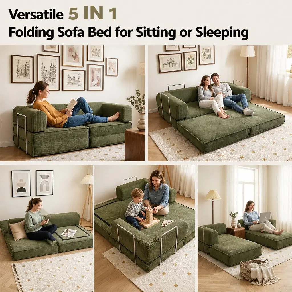 Convertible Sofa Bed Green 2-Seater Corduroy Steel Frame