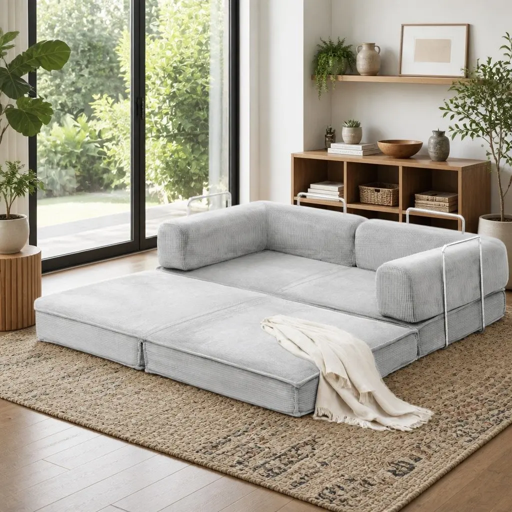 Grey 2-Seater Convertible Sofa Bed with Steel Frame