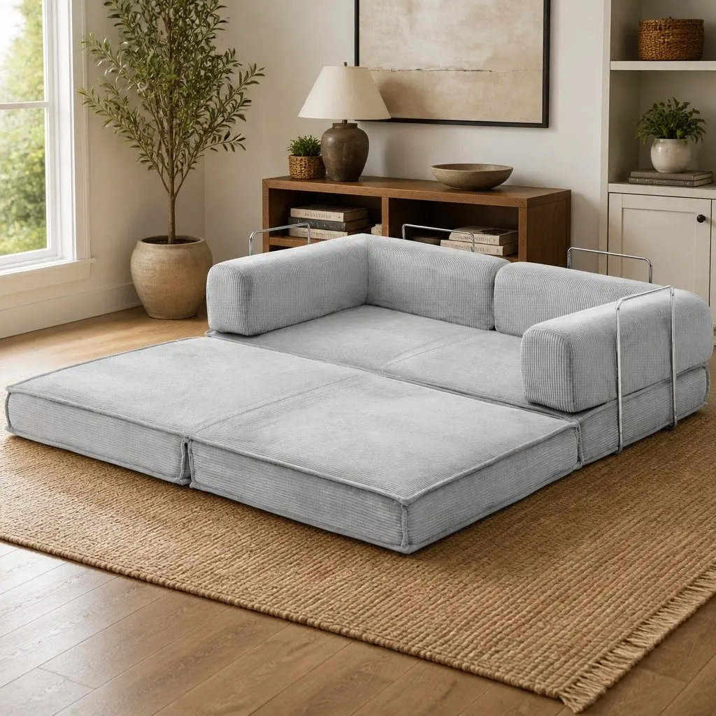 Convertible Sofa Bed Grey 2-Seater Corduroy Upholstery Steel Frame