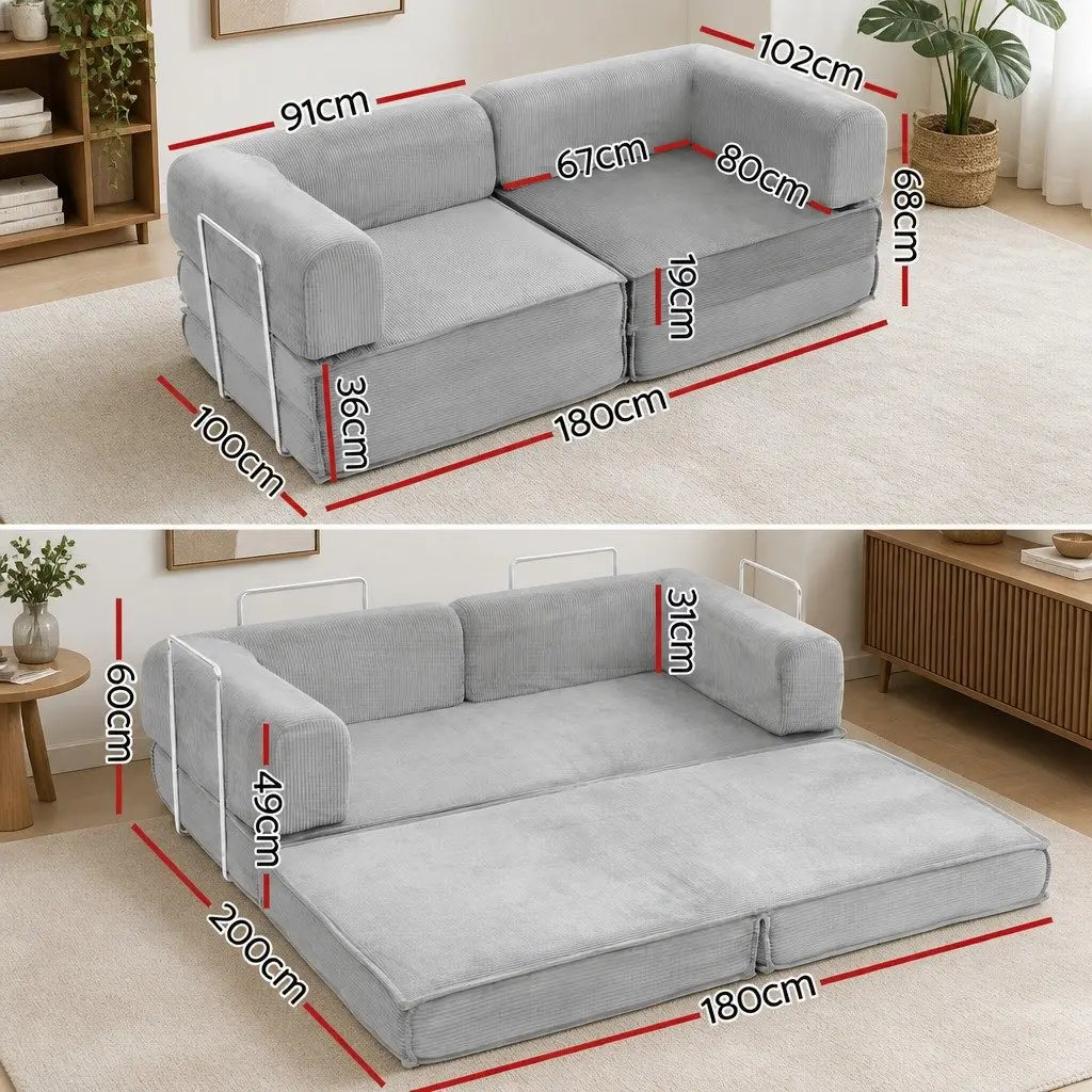 Convertible Sofa Bed Grey 2-Seater Corduroy Upholstery Steel Frame