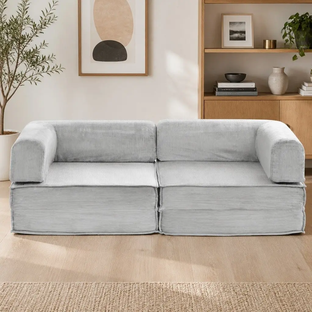 Convertible Sofa Bed Grey 2-Seater Corduroy Upholstery Steel Frame