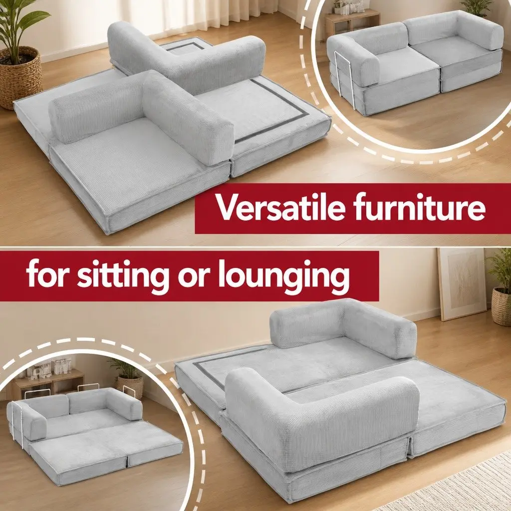 Convertible Sofa Bed Grey 2-Seater Corduroy Upholstery Steel Frame