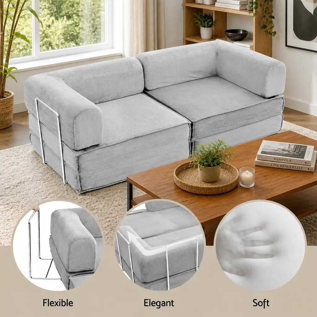 Convertible Sofa Bed Grey 2-Seater Corduroy Upholstery Steel Frame