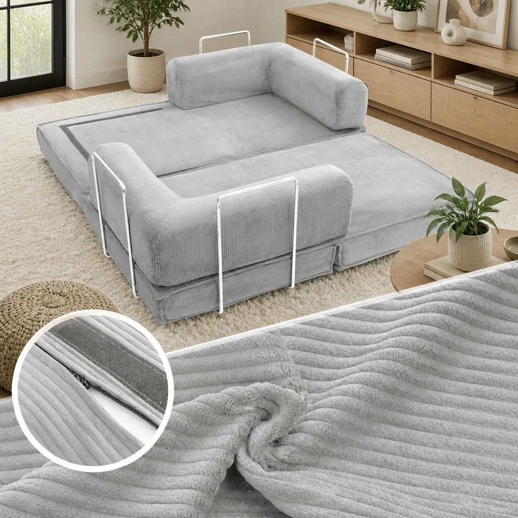 Convertible Sofa Bed Grey 2-Seater Corduroy Upholstery Steel Frame
