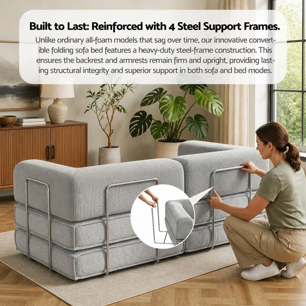 Convertible Sofa Bed Grey 2-Seater Corduroy Upholstery Steel Frame