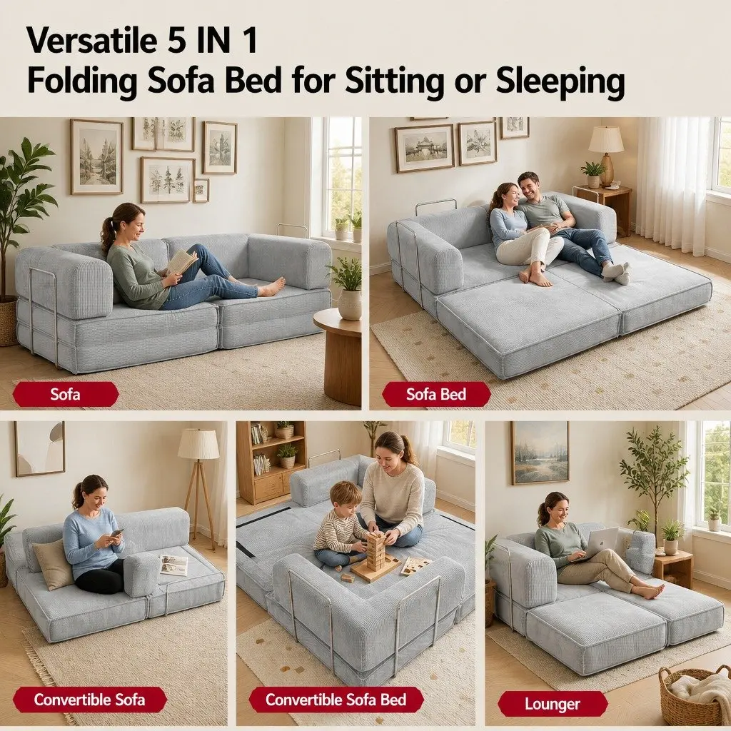 Convertible Sofa Bed Grey 2-Seater Corduroy Upholstery Steel Frame