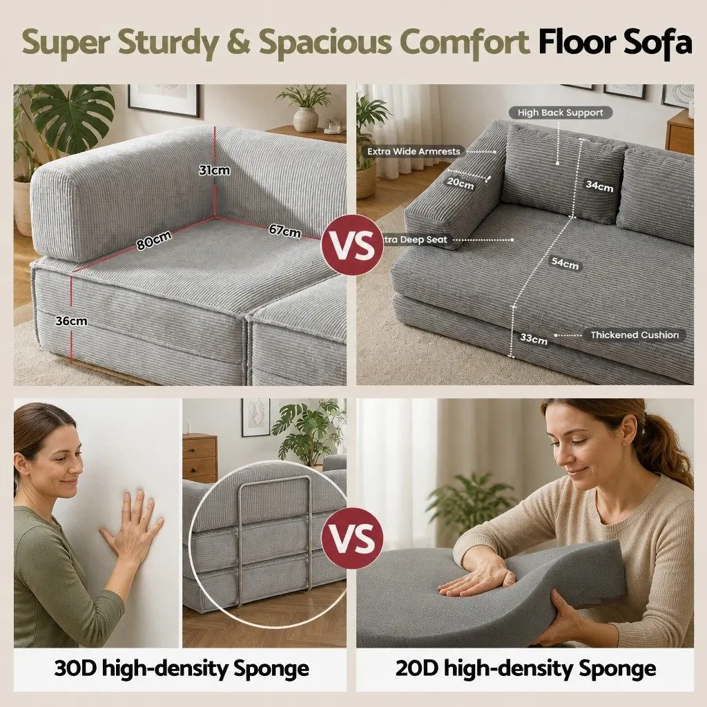 Convertible Sofa Bed Grey 2-Seater Corduroy Upholstery Steel Frame