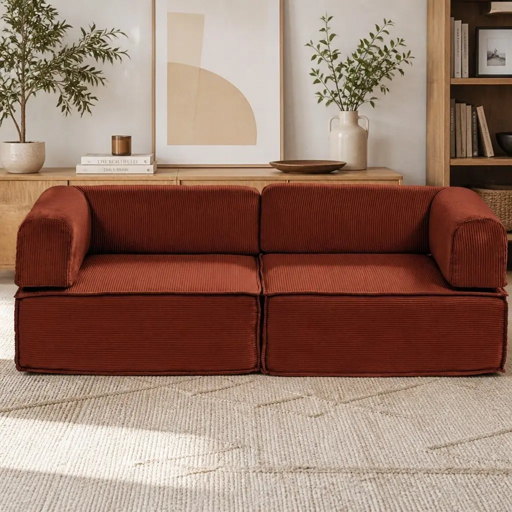 Convertible Sofa Bed Orange 2-Seater Corduroy Steel Frame