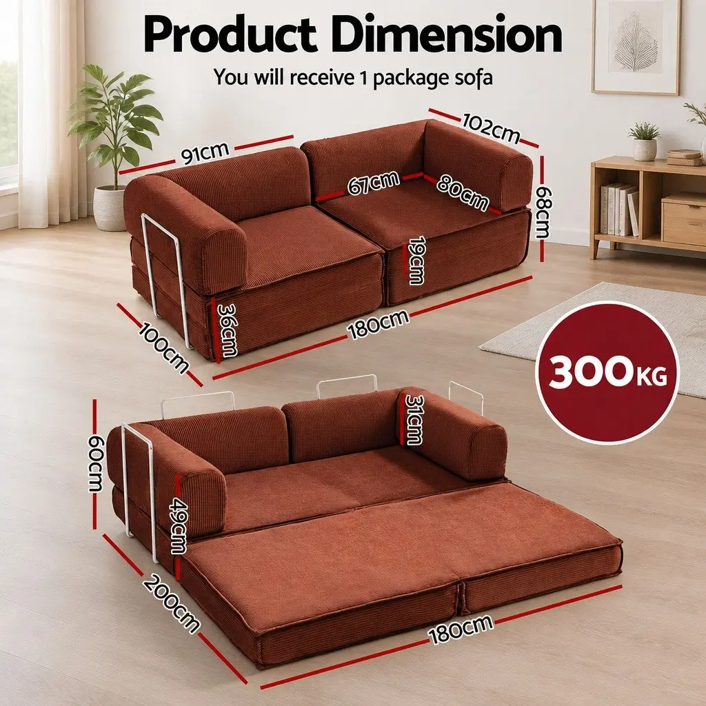 Convertible Sofa Bed Orange 2-Seater Corduroy Steel Frame