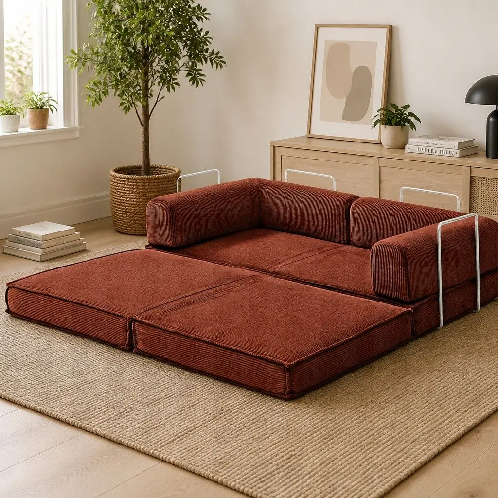 Convertible Sofa Bed Orange 2-Seater Corduroy Steel Frame