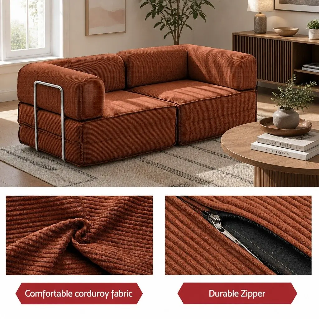 Convertible Sofa Bed Orange 2-Seater Corduroy Steel Frame