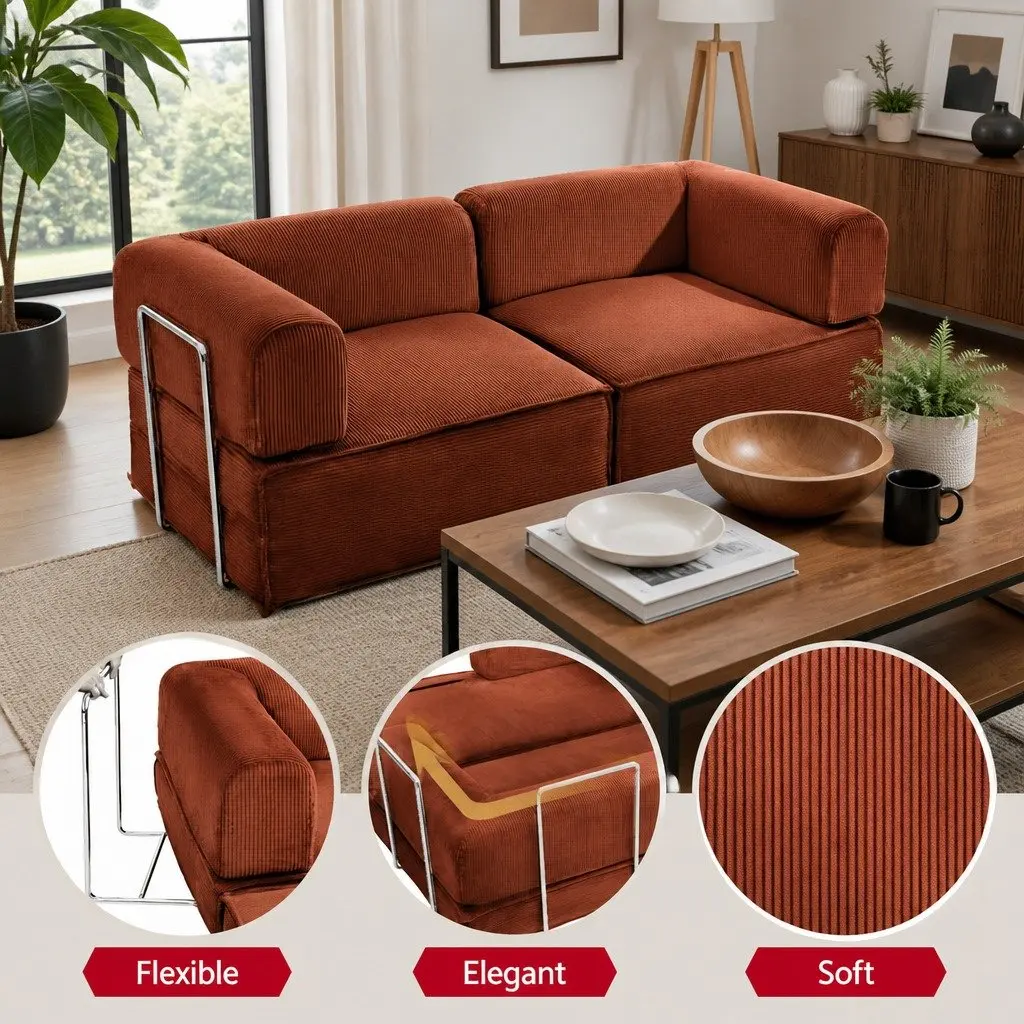 Convertible Sofa Bed Orange 2-Seater Corduroy Steel Frame