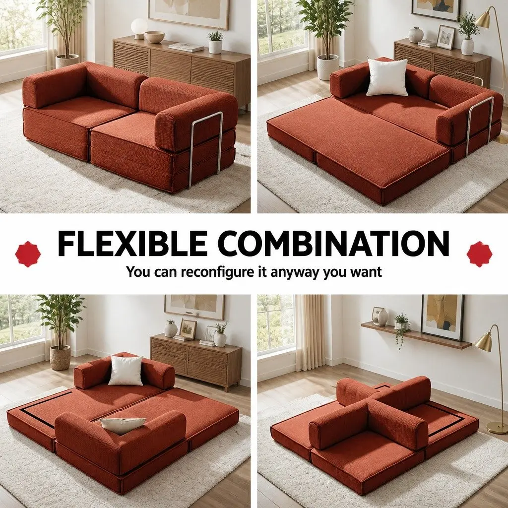 Convertible Sofa Bed Orange 2-Seater Corduroy Steel Frame