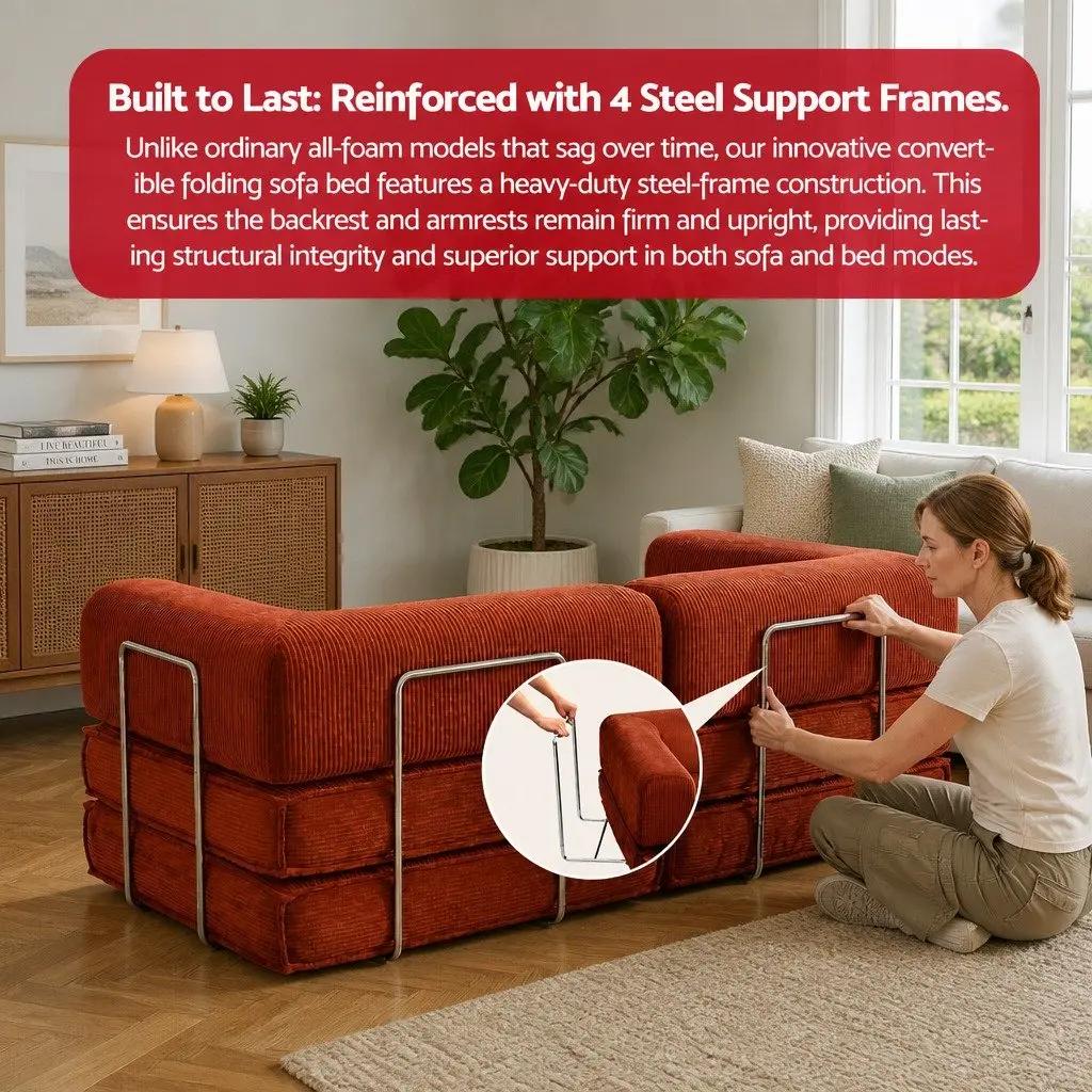 Convertible Sofa Bed Orange 2-Seater Corduroy Steel Frame