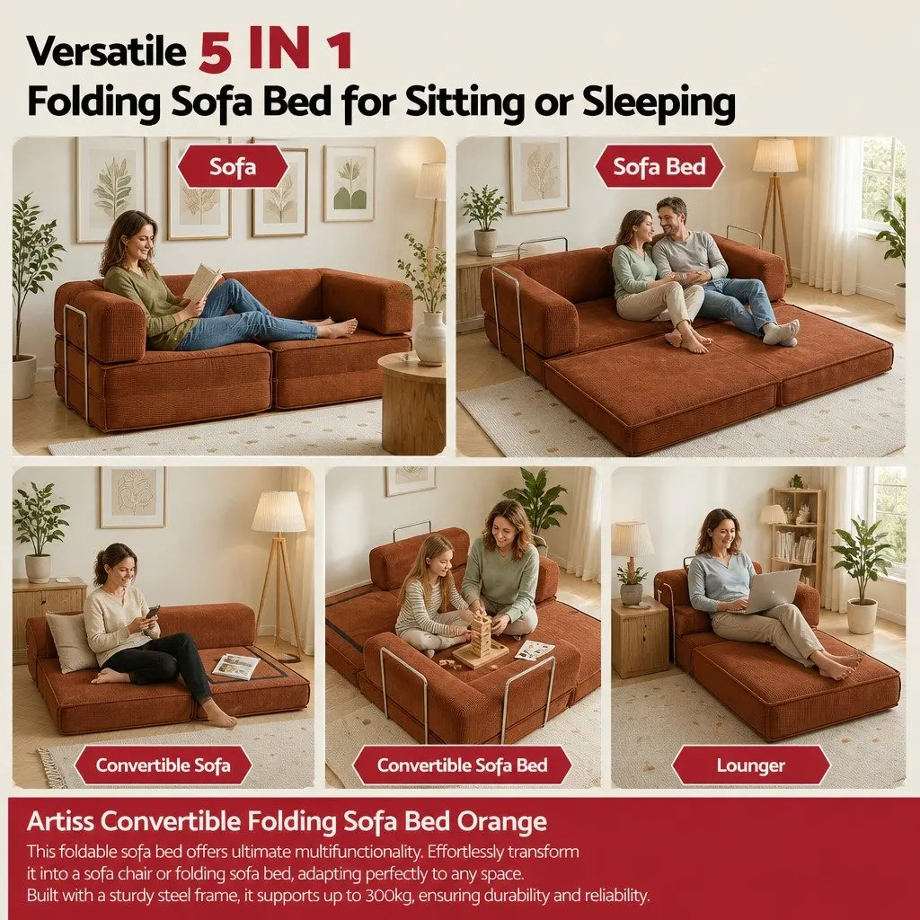 Convertible Sofa Bed Orange 2-Seater Corduroy Steel Frame