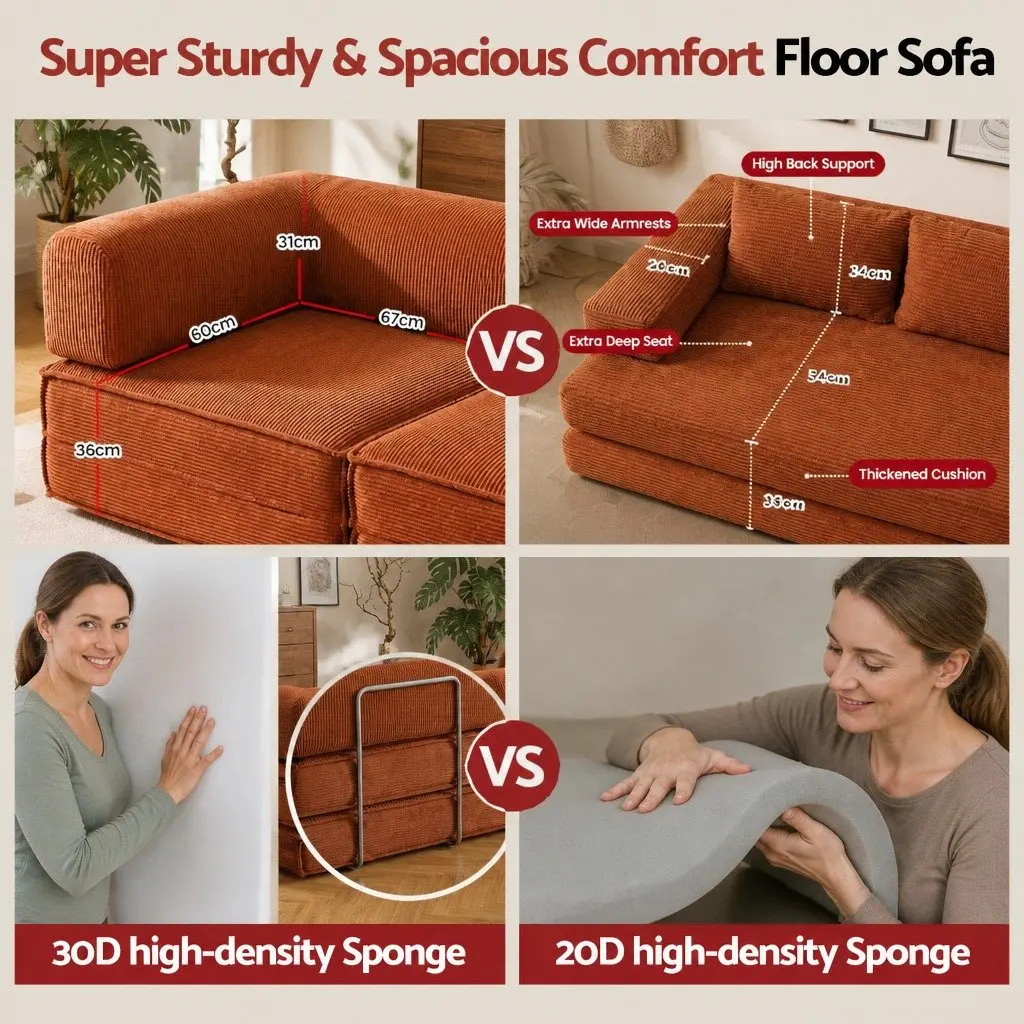 Convertible Sofa Bed Orange 2-Seater Corduroy Steel Frame