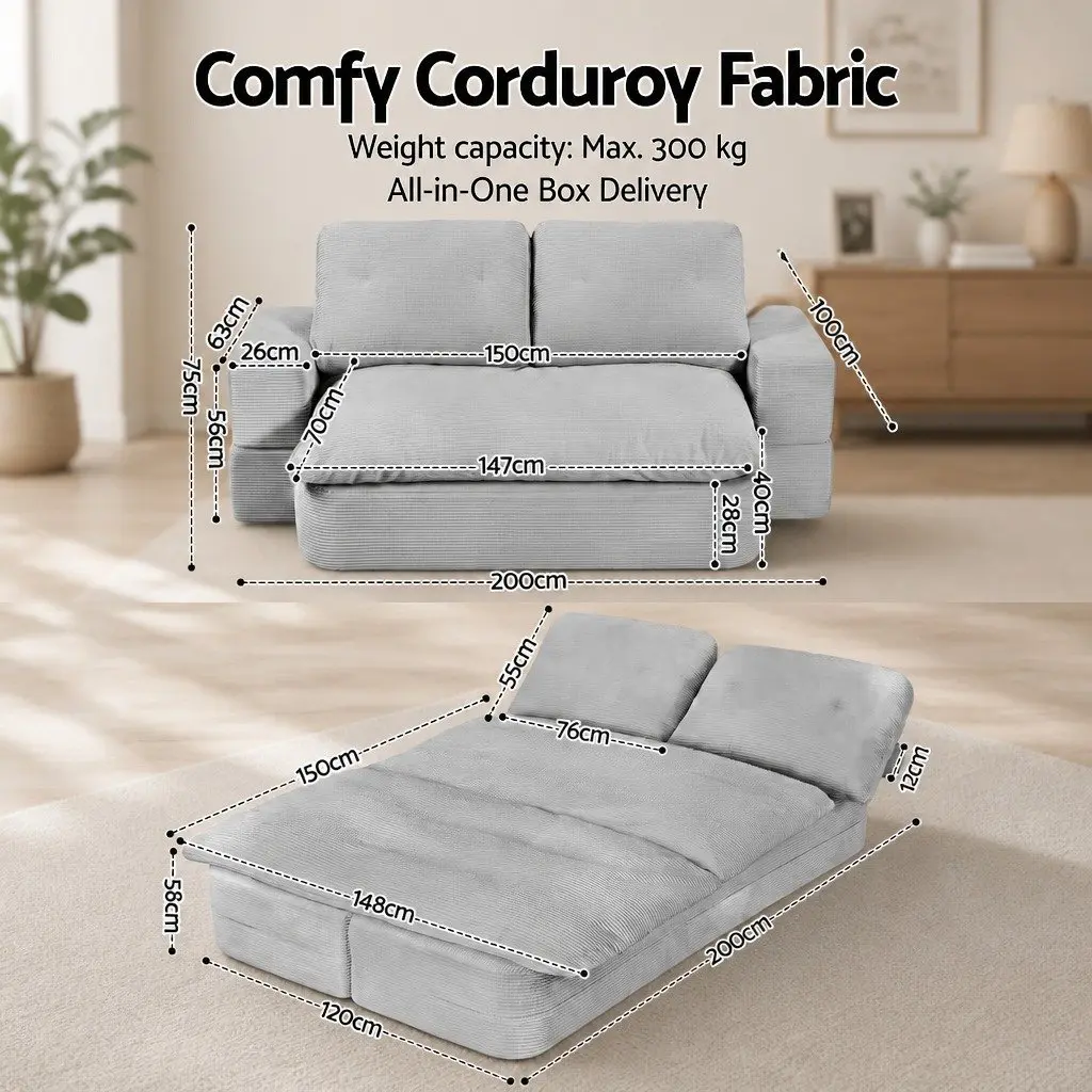 Convertible Folding Sofa Bed Corduroy 200cm x 120cm 30D High-Density Foam