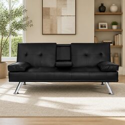 Cozy 3-Seater Sofa Bed in Black PU Leather