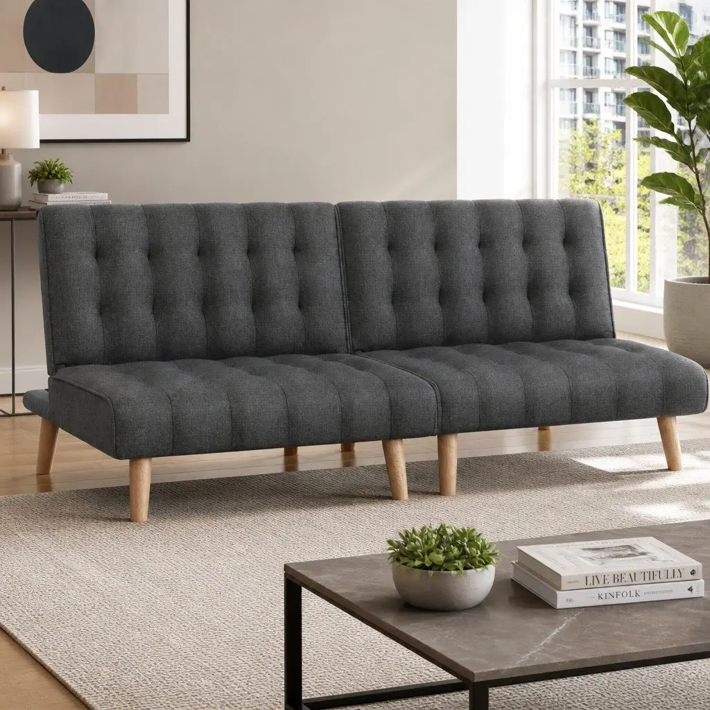2x Single Seater Sofa Bed Reclining Couch Grey Fabric Lounge Convertible