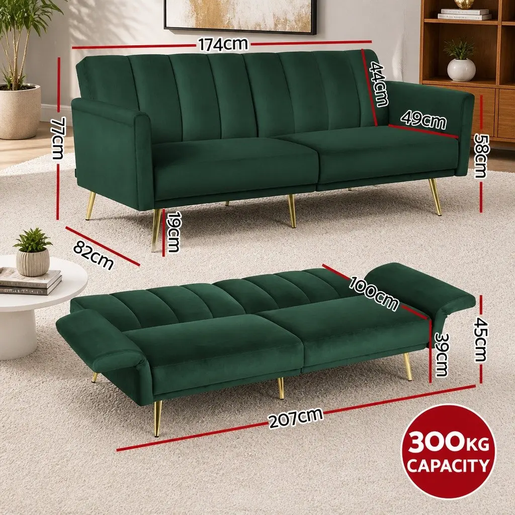 3 Seater Sofa Bed Convertible Velvet Green Adjustable Armrest Lounge