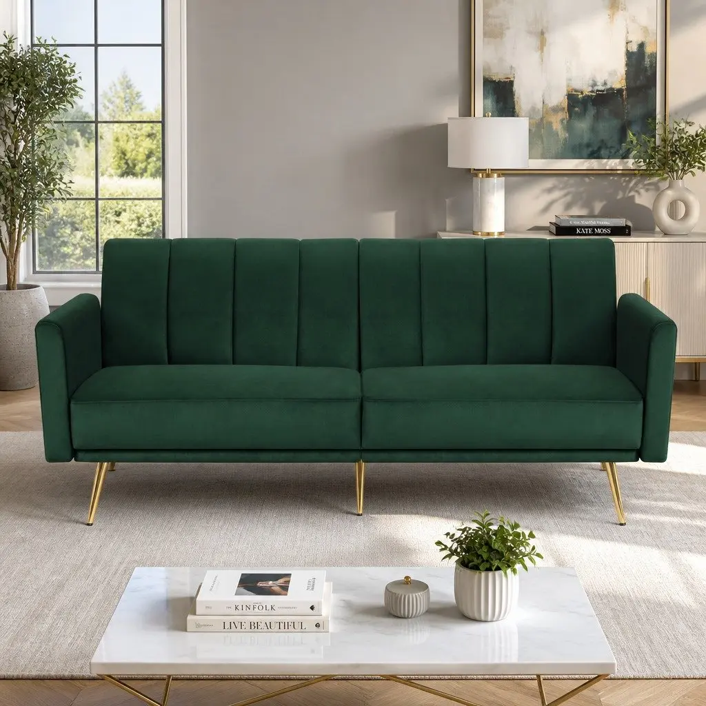 3 Seater Sofa Bed Convertible Velvet Green Adjustable Armrest Lounge
