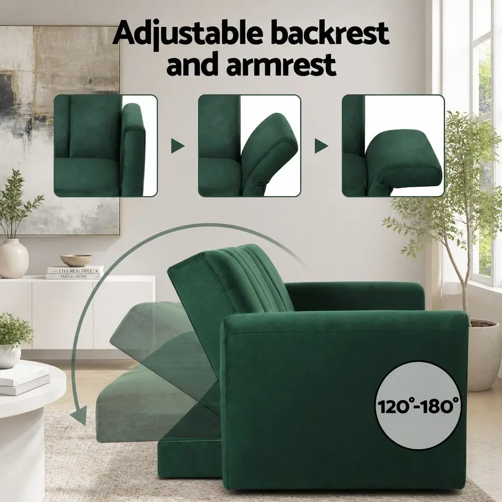 3 Seater Sofa Bed Convertible Velvet Green Adjustable Armrest Lounge