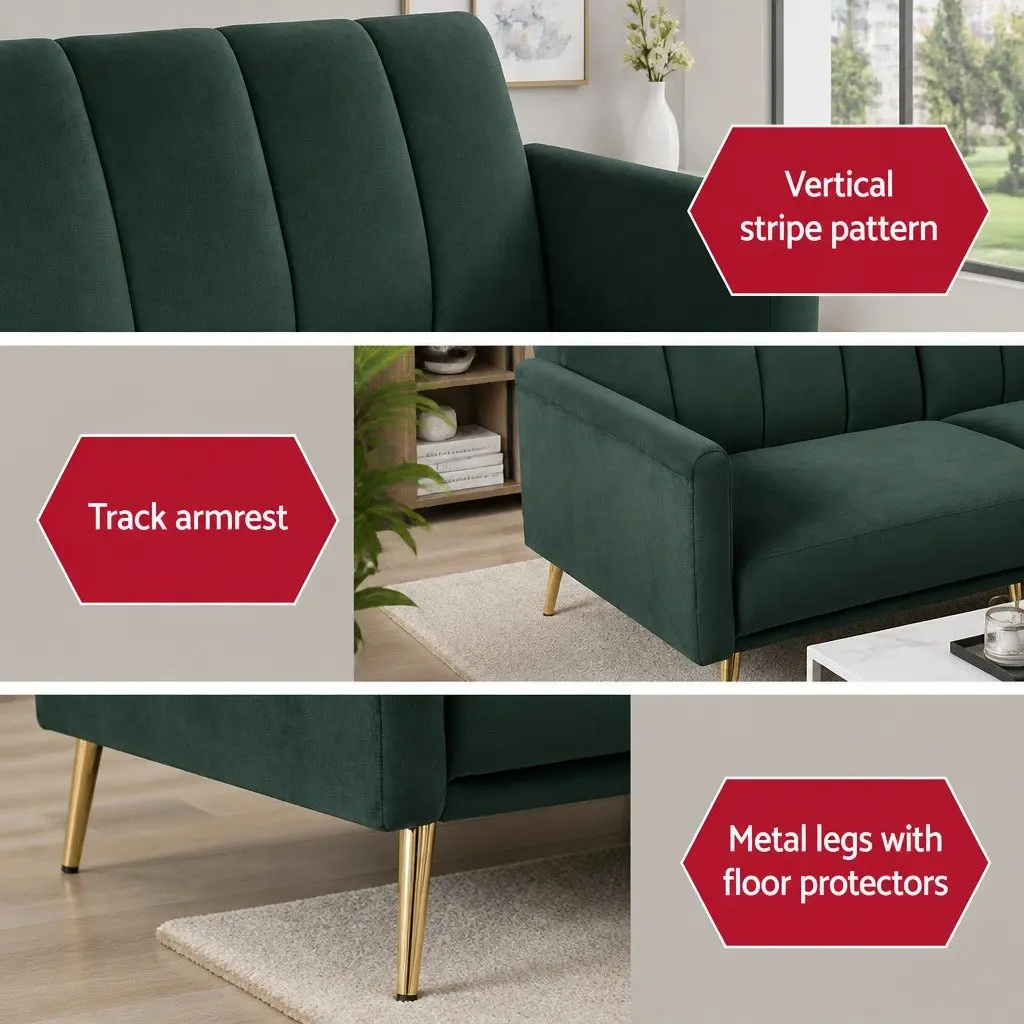 3 Seater Sofa Bed Convertible Velvet Green Adjustable Armrest Lounge