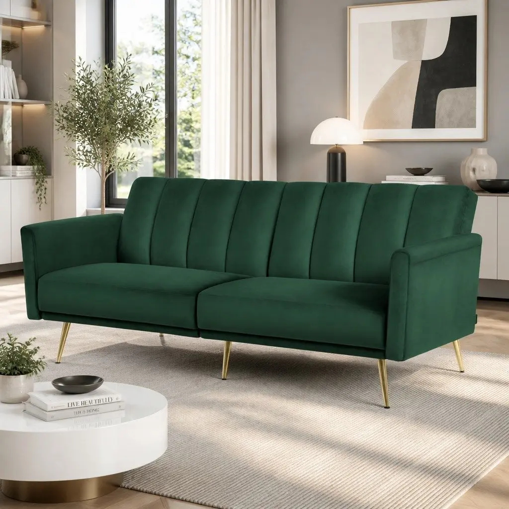 3 Seater Sofa Bed Convertible Velvet Green Adjustable Armrest Lounge