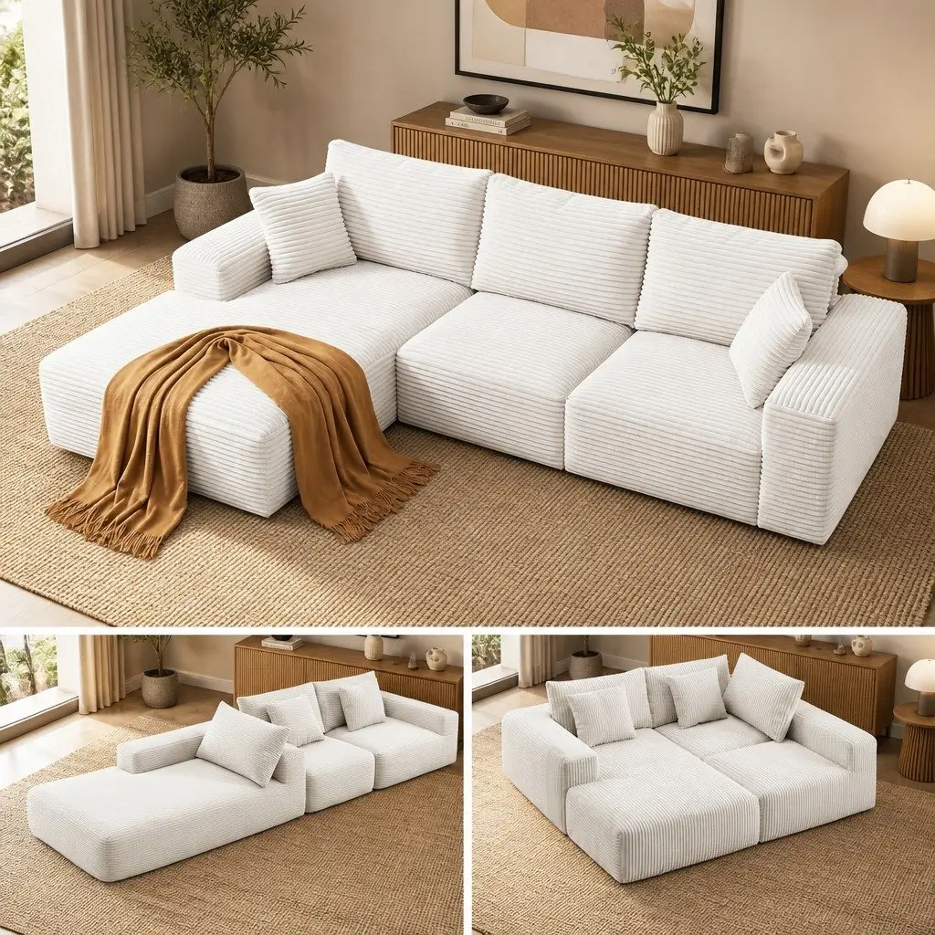 3 Seater Modular Sofa Bed L-Shaped Sectional Living Room Couch White Corduroy