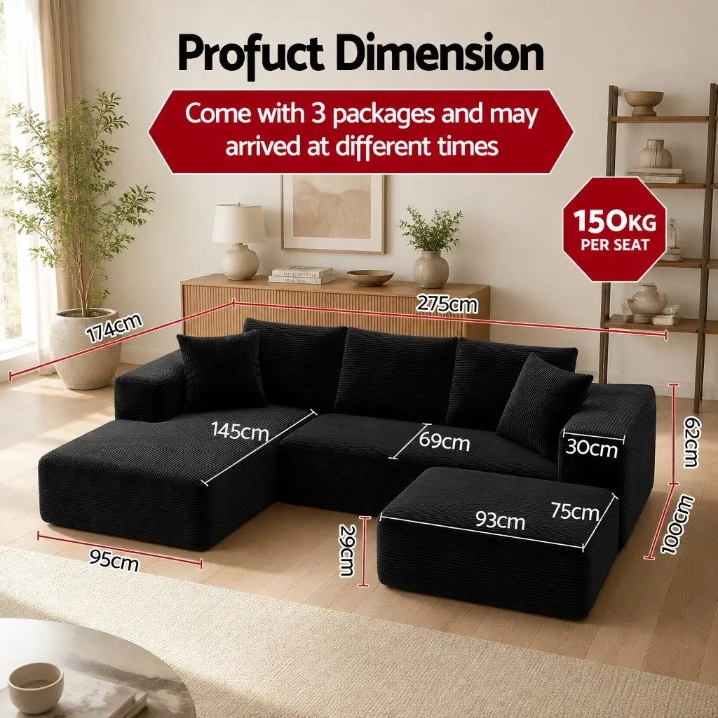 Modular Sofa Bed Corduroy Yellow or White 275cm L x 174cm W x 62cm H
