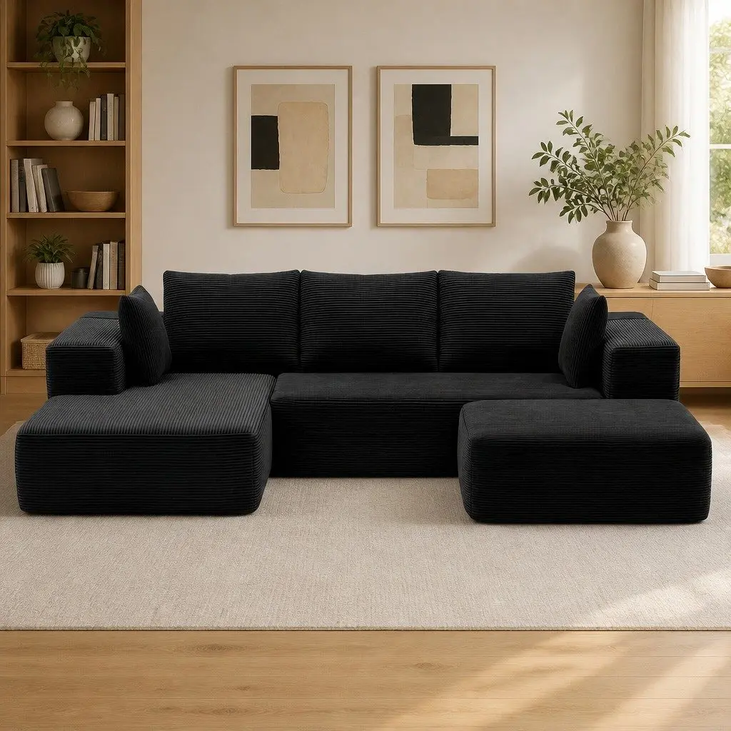 Modular Sofa Bed Corduroy Yellow or White 275cm L x 174cm W x 62cm H