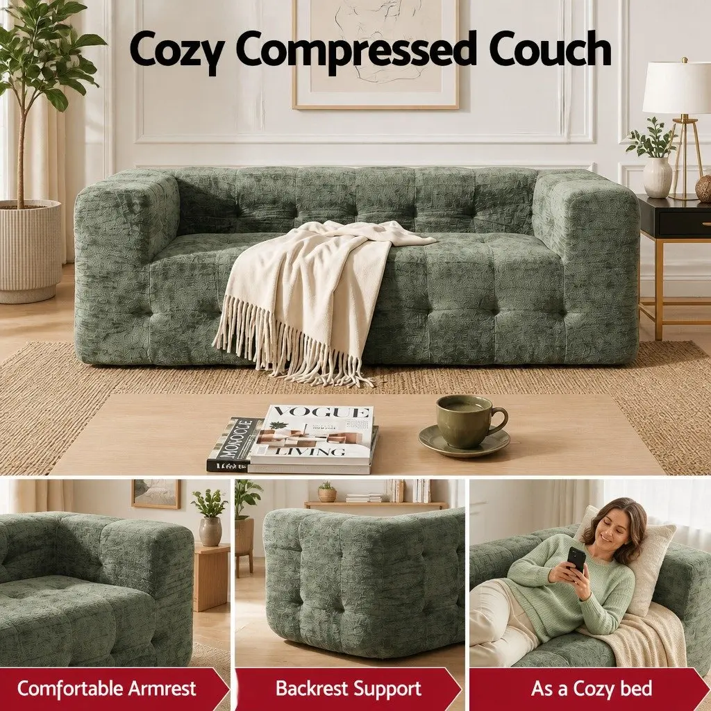 3-Seater Sofa Bed Green Chenille Compressed Zero Assembly High-Density Foam