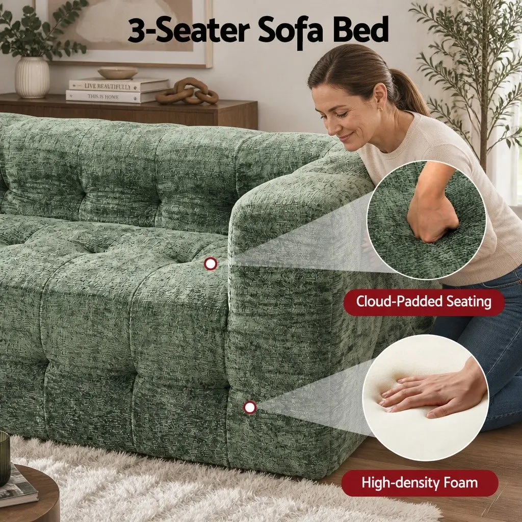 3-Seater Sofa Bed Green Chenille Compressed Zero Assembly High-Density Foam