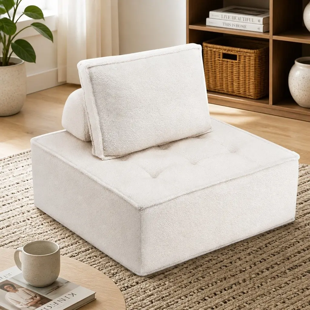Floor Sofa Lounge Chair White Removable Pillow Plush Cushioned 86cm Boucle Fabric