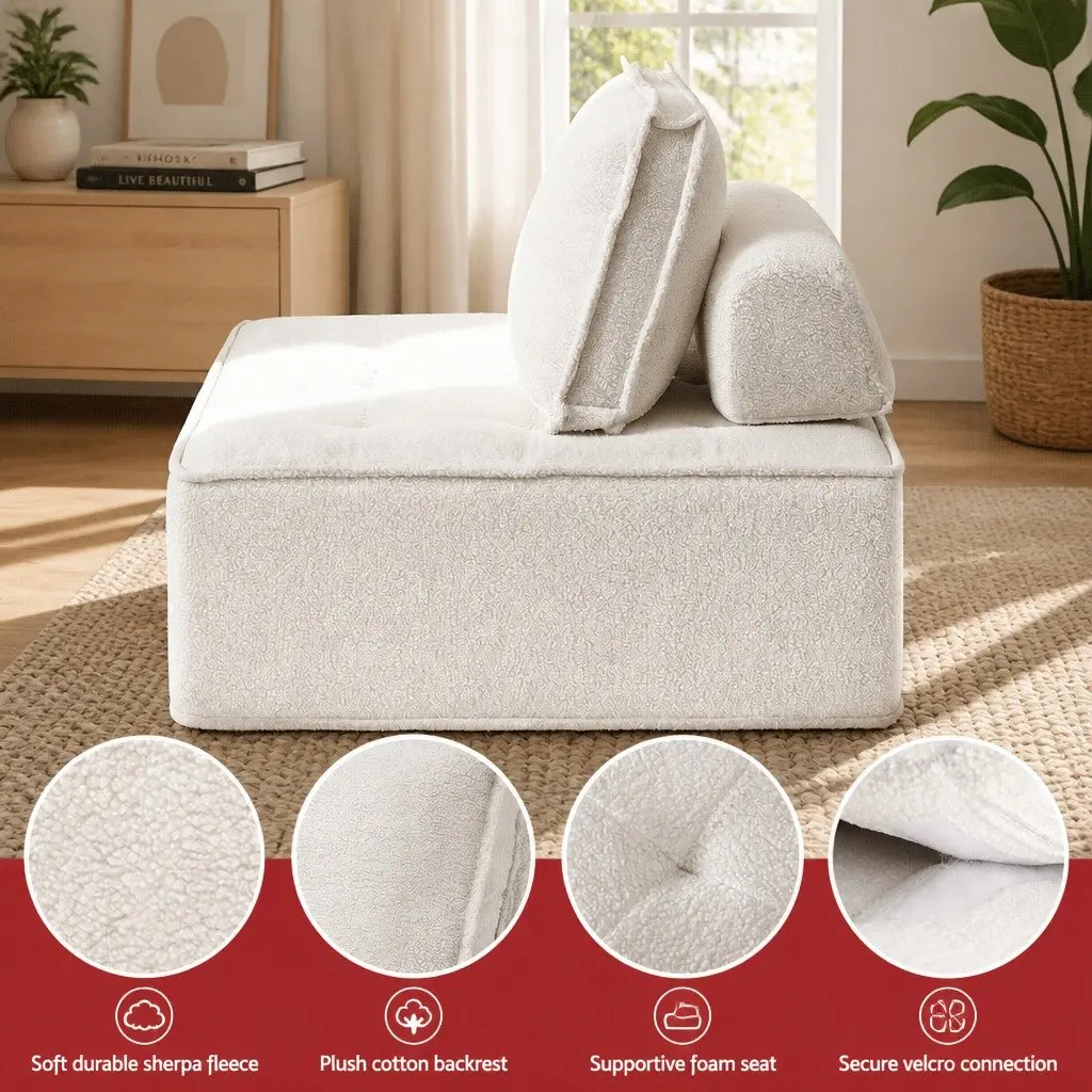 Floor Sofa Lounge Chair White Removable Pillow Plush Cushioned 86cm Boucle Fabric