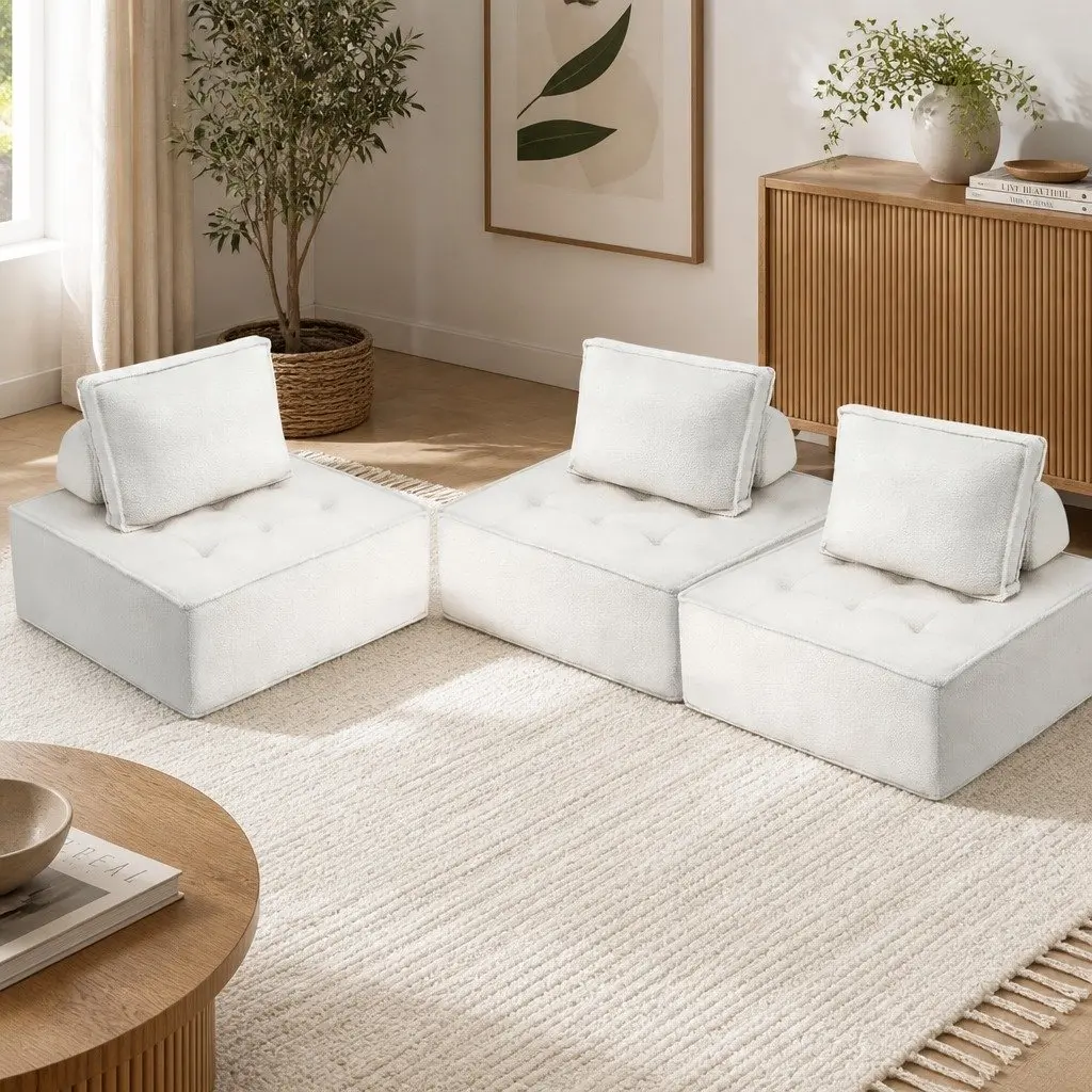 Floor Sofa Lounge Chair White Removable Pillow Plush Cushioned 86cm Boucle Fabric