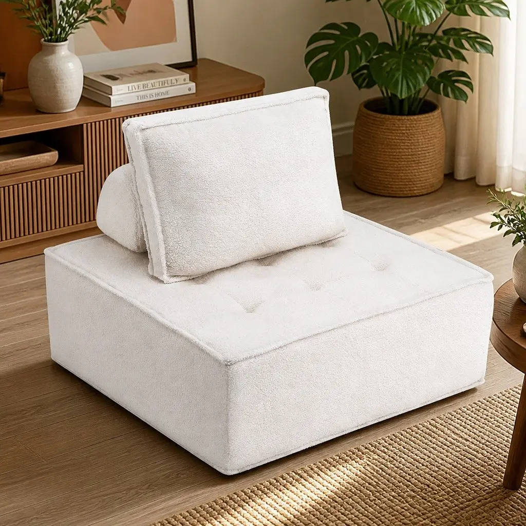 Floor Sofa Modular Lounge Chair 4 Seater Removable Pillow Boucle Fabric White
