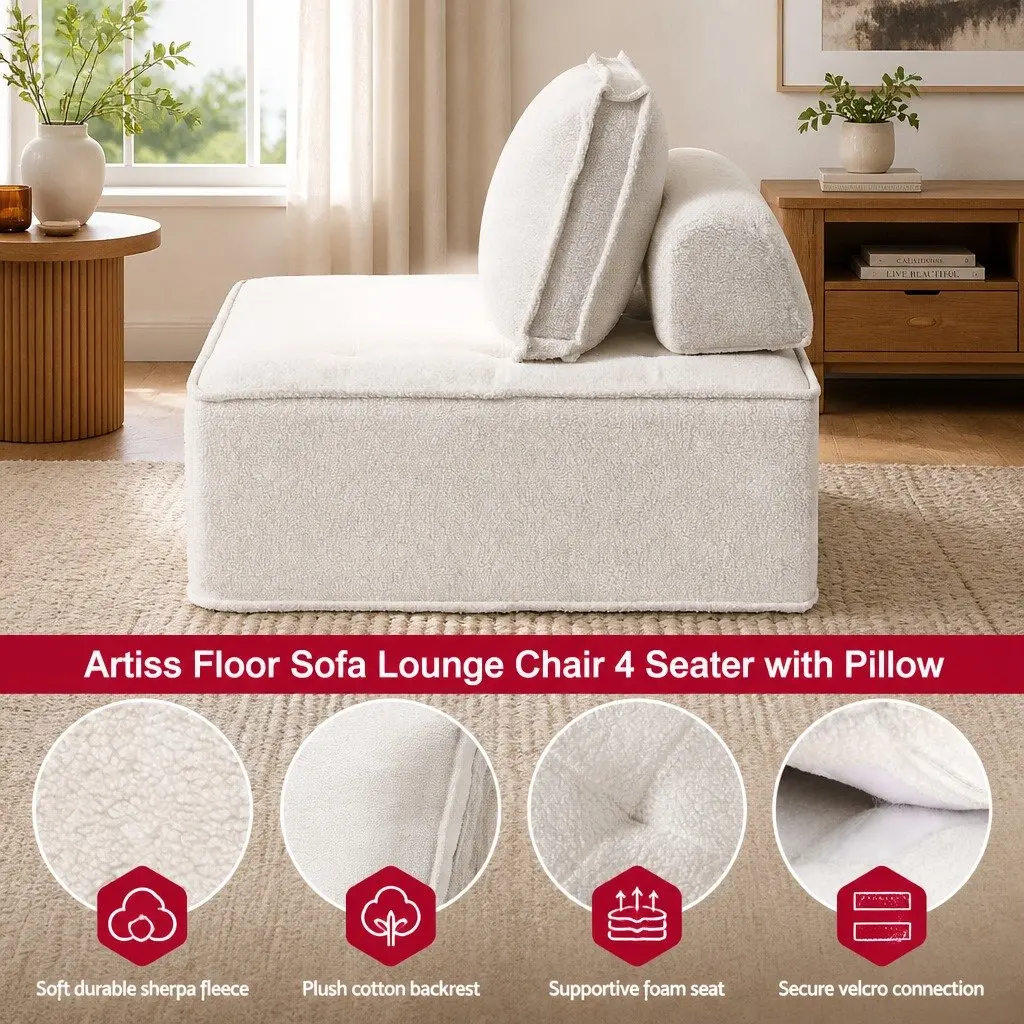 Floor Sofa Modular Lounge Chair 4 Seater Removable Pillow Boucle Fabric White