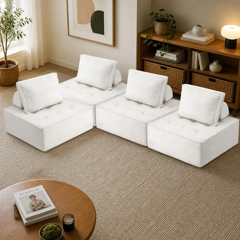 Floor Sofa Modular Lounge Chair 4 Seater Removable Pillow Boucle Fabric White