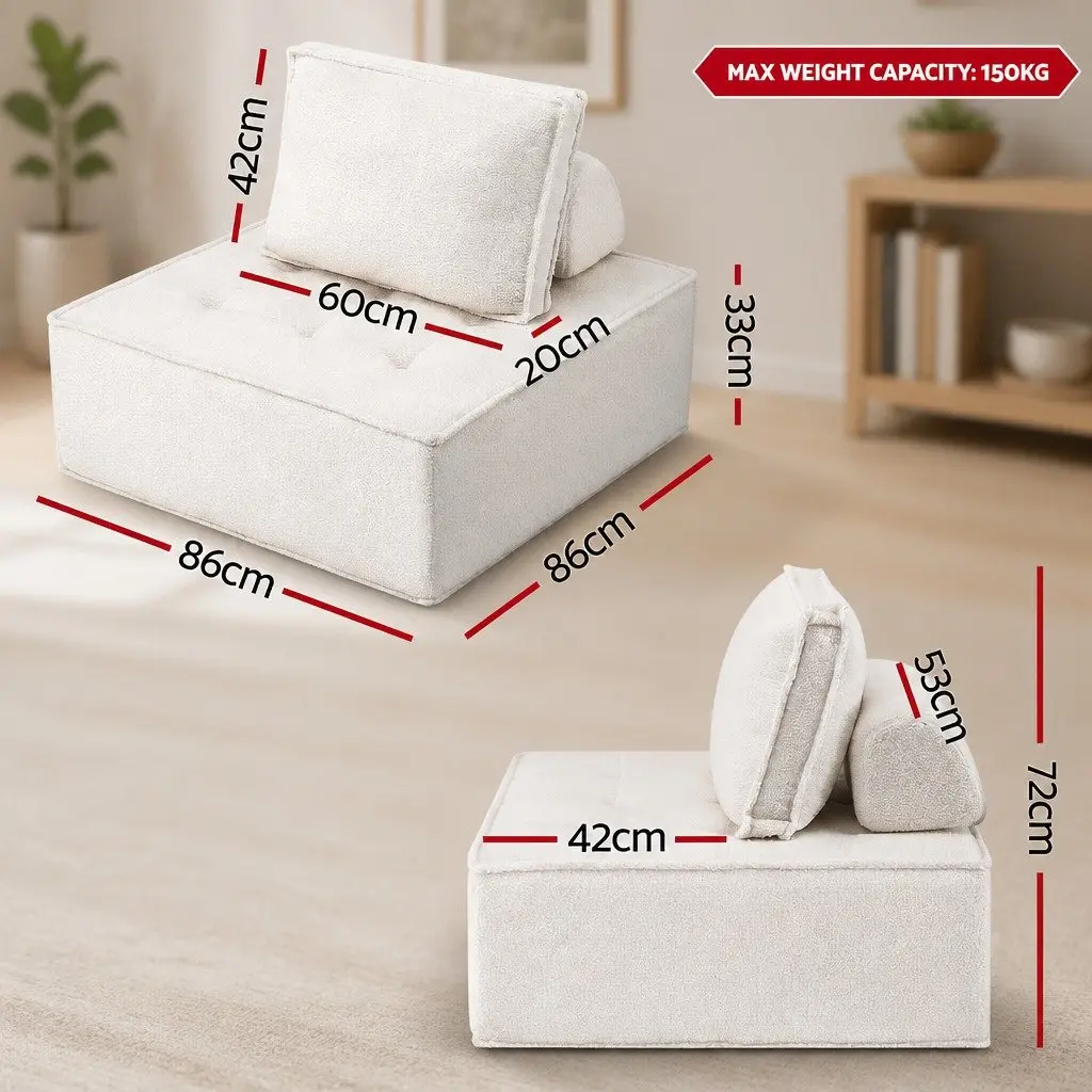 Floor Sofa Lounge Chair 5 Seater White Boucle Fabric High-Density Foam