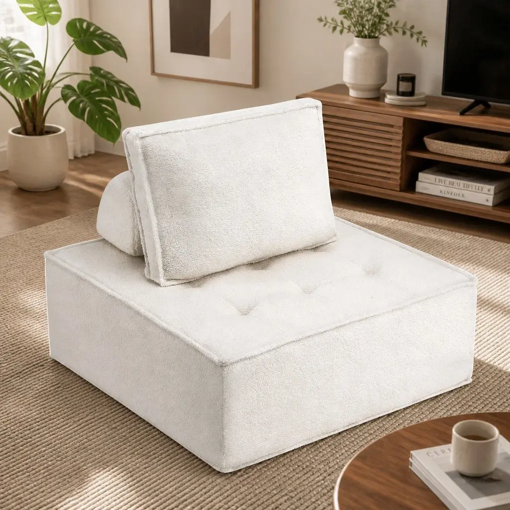 Floor Sofa Lounge Chair 5 Seater White Boucle Fabric High-Density Foam
