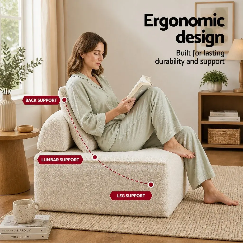 Floor Sofa Lounge Chair 5 Seater White Boucle Fabric High-Density Foam