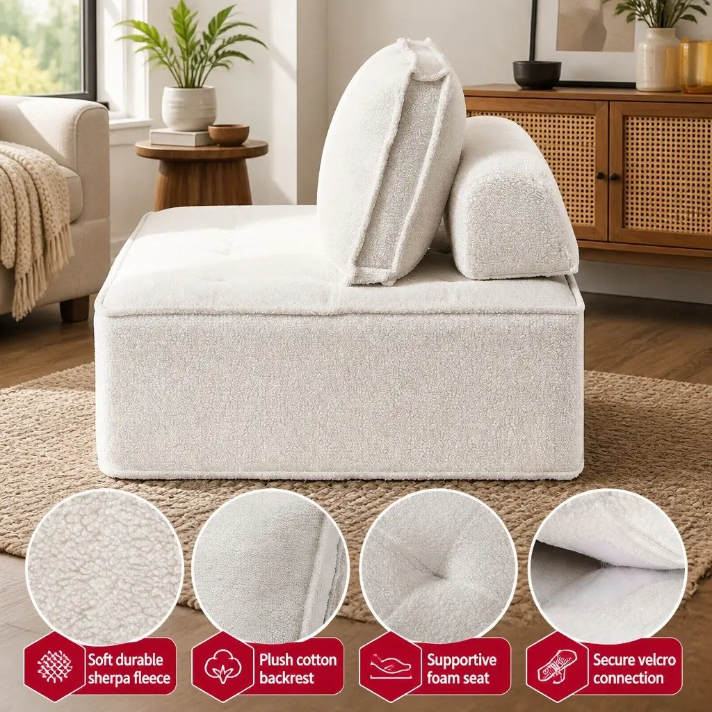 Floor Sofa Lounge Chair 5 Seater White Boucle Fabric High-Density Foam